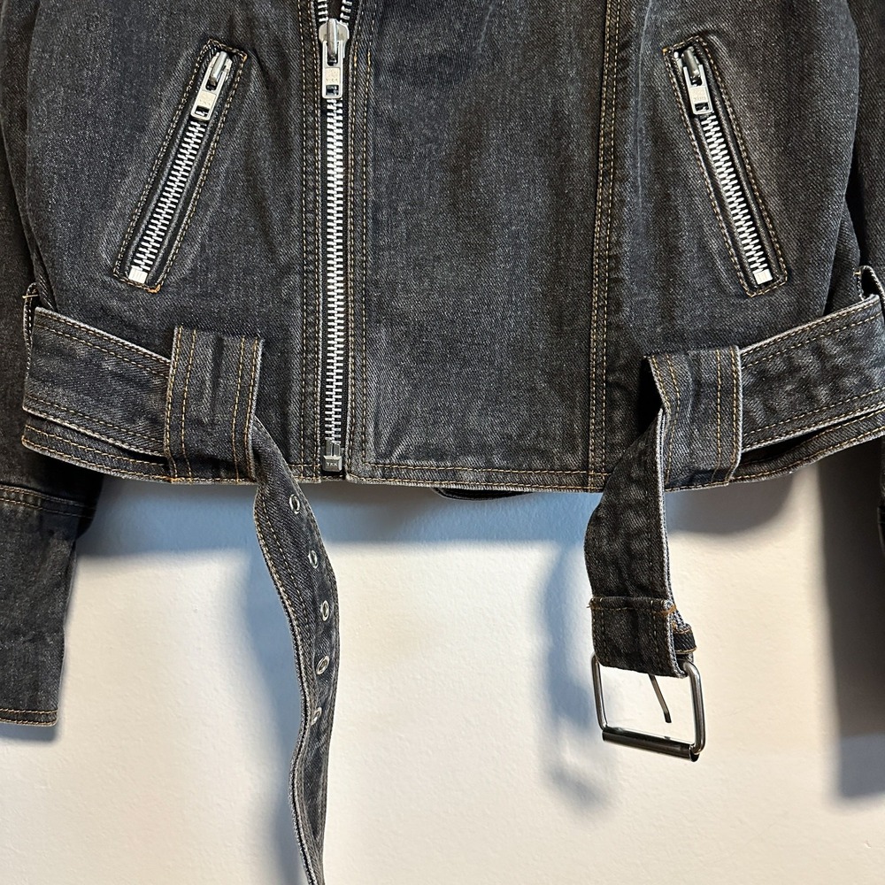 Manoush Denim Biker Jacket Motorcycle Washed Black Belted Size 40 US 8 - Picture 7 of 14